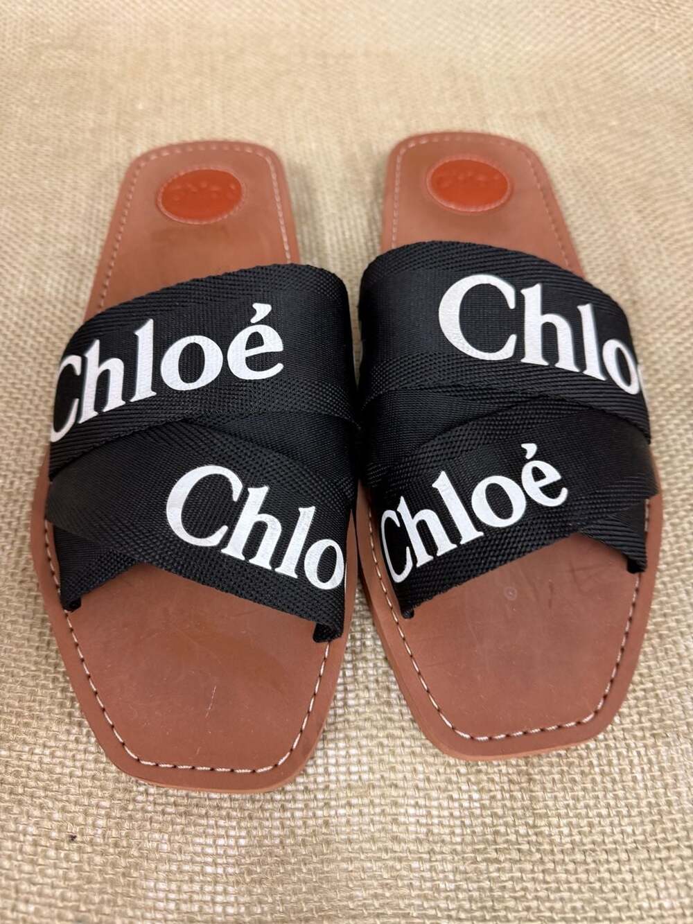 Chloé Woody Flat Logo-Print Canvas Slides in Black